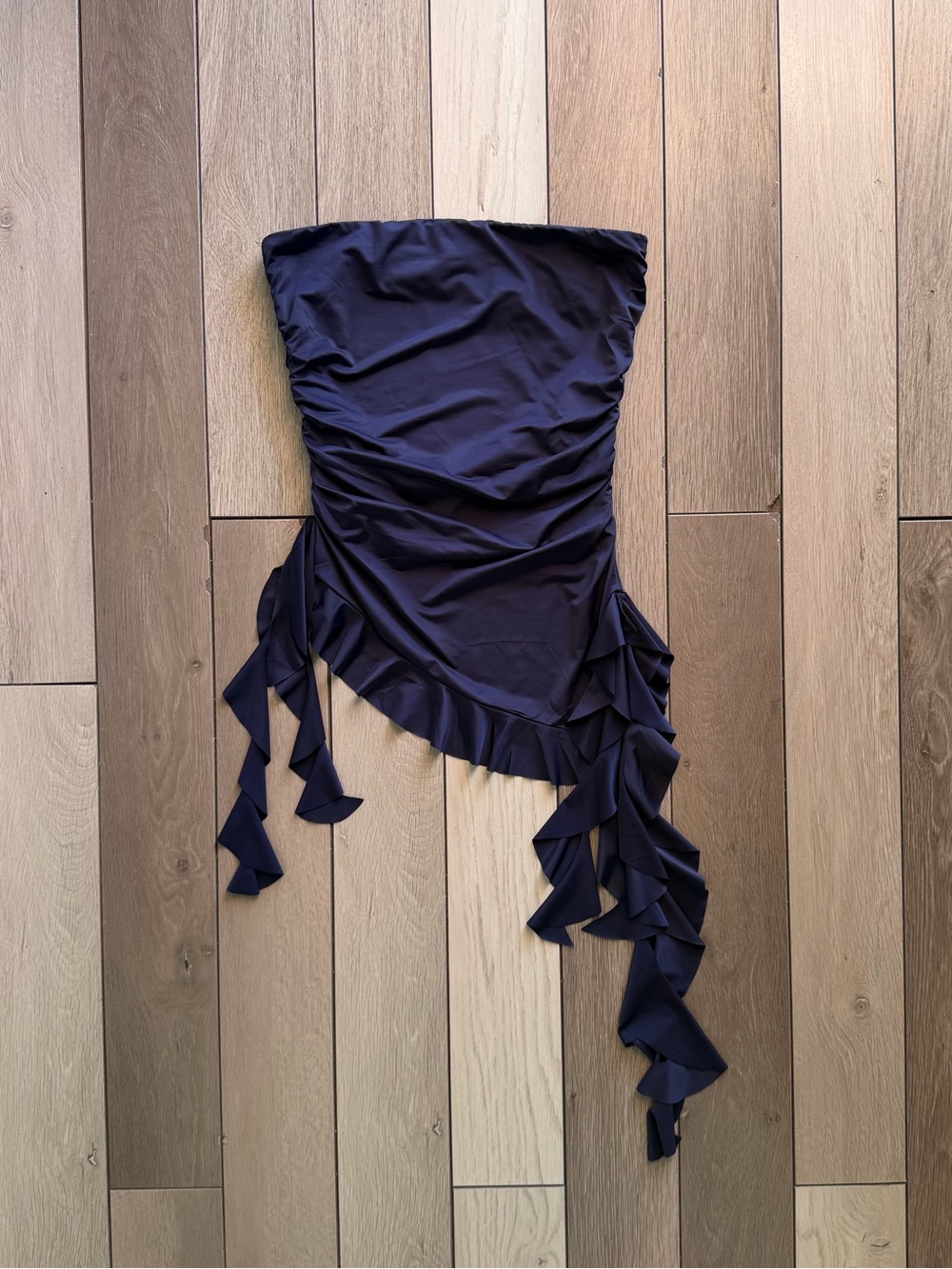Thirty/Thirty LA Strapless Ruffled Asymmetric Navy Blue Top